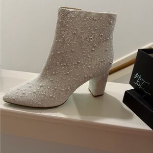 Betsey Johnson Pearl-Embellished White Ankle Boots